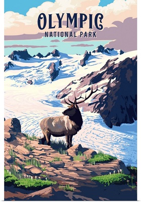 Olympic National Park, Moose On A Snowy Mountaintop: Retro Travel Poster