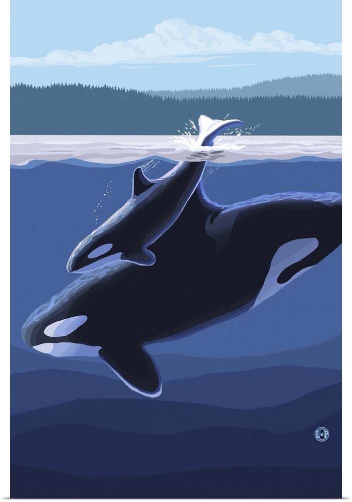 Orca and Calf (Hills): Retro Travel Poster
