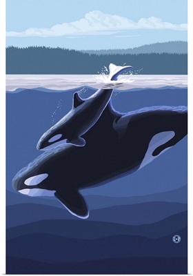 Orca and Calf (Hills): Retro Travel Poster