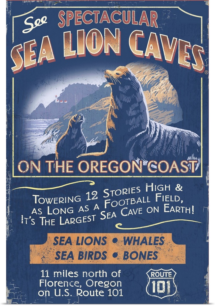Retro stylized art poster of a vintage sign of sea lions in a coastal scene.