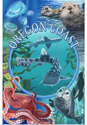 Oregon Coast - Sealife Animals: Retro Travel Poster