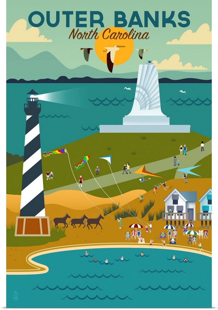 Outer Banks, North Carolina - Beach & Lighthouse - Geometric