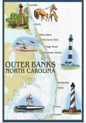 Outer Banks, North Carolina - Nautical Chart: Retro Travel Poster