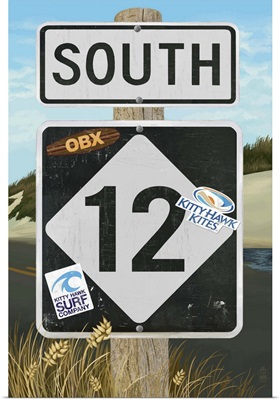 Outer Banks, North Carolina - Route 12 Sign: Retro Travel Poster