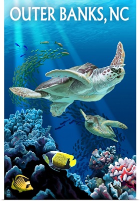 Outer Banks, North Carolina - Sea Turtles: Retro Travel Poster