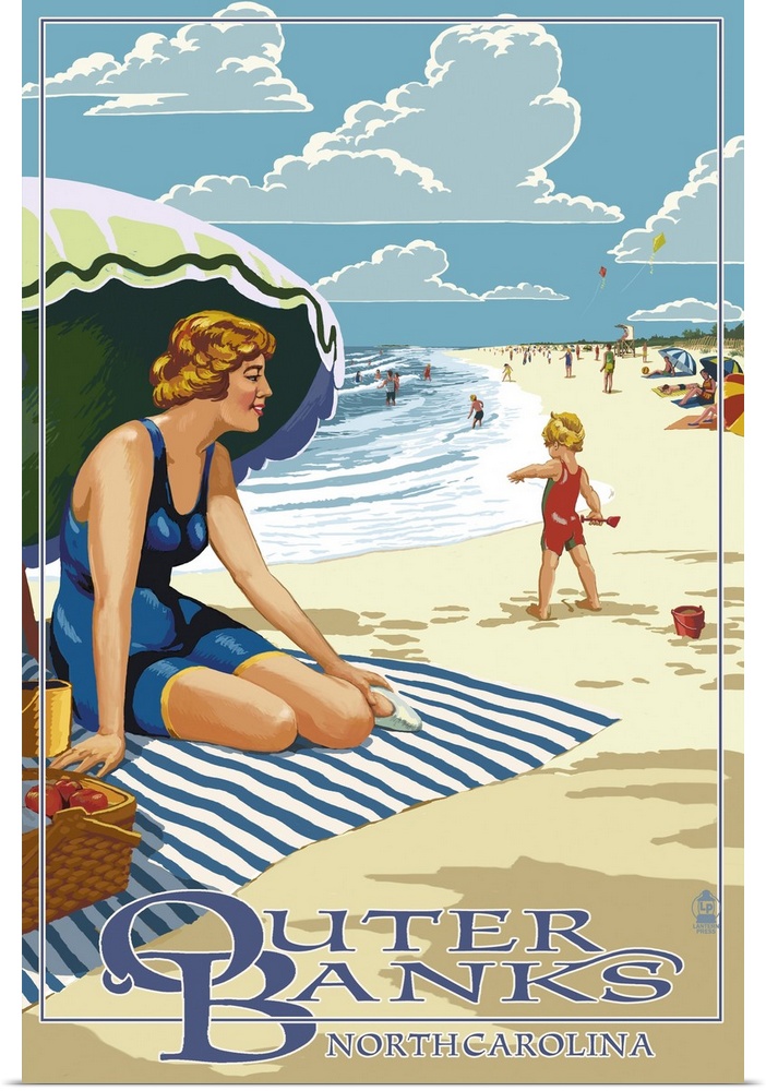 Outer Banks, North Carolina - Woman on Beach: Retro Travel Poster