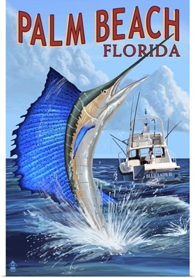 Palm Beach, Florida - Sailfish Scene: Retro Travel Poster