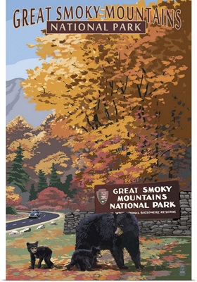 Park Entrance and Bears - Great Smoky Mountains National Park, TN: Retro Travel Poster