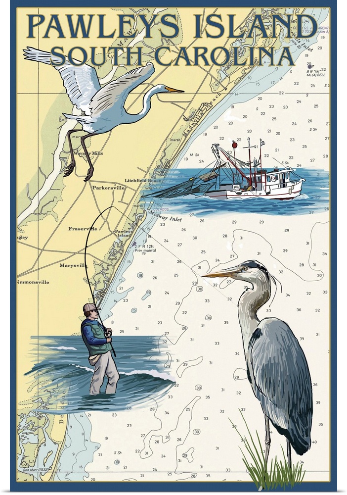 Retro stylized art poster of a map with a blue heron, a fisherman and a fishing boat.