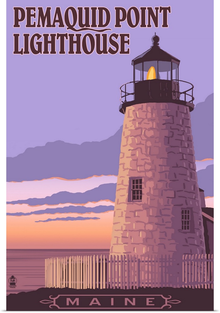 Pemaquid Lighthouse Sunset - Maine: Retro Travel Poster