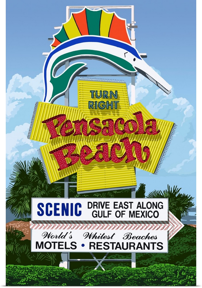 Retro stylized art poster of a retro sign advertising a beach, with a sailfish at the top of the sign.