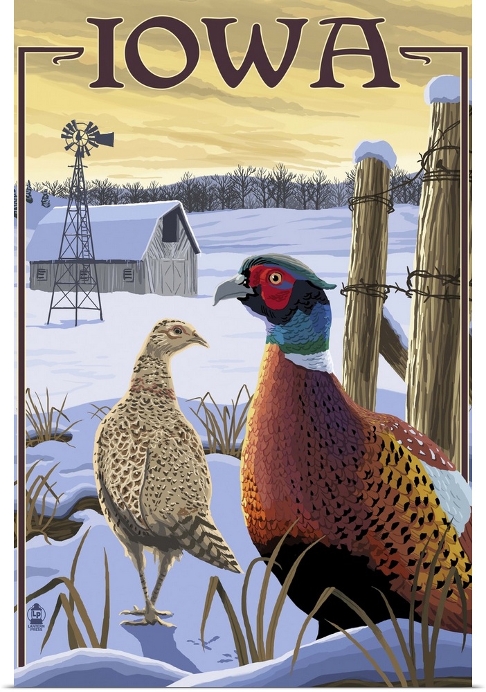 Pheasants - Iowa: Retro Travel Poster