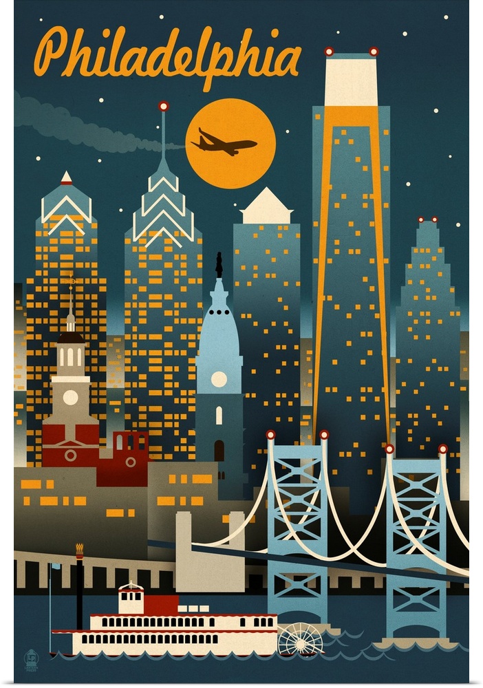 Philadelphia, Pennsylvania - ND - Retro Skyline- Lantern Press Artwork