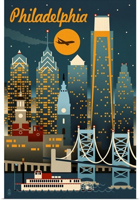 Philadelphia, Pennsylvania - ND - Retro Skyline- Lantern Press Artwork