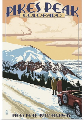 Pikes Peak, Colorado - Winter Scene from Pikes Peak Highway: Retro Travel Poster