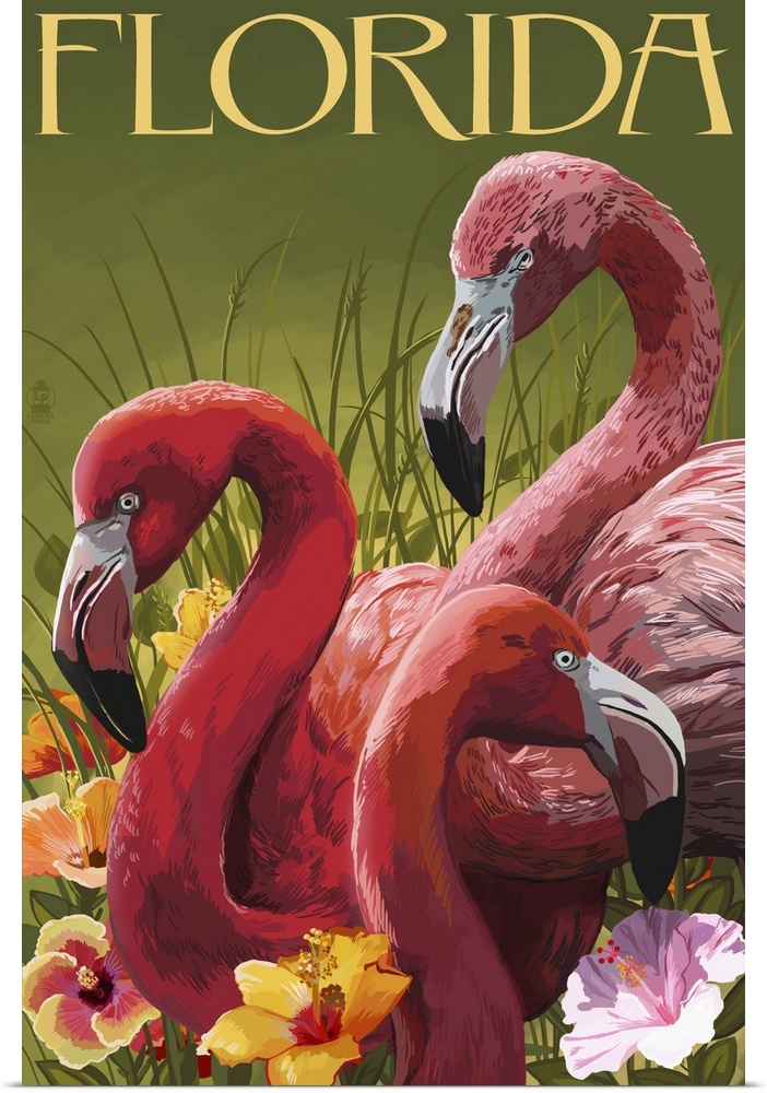 Retro stylized art poster of flamingos surrounded by vibrant flowers.