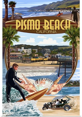 Pismo Beach, California - Montage Scenes: Retro Travel Poster