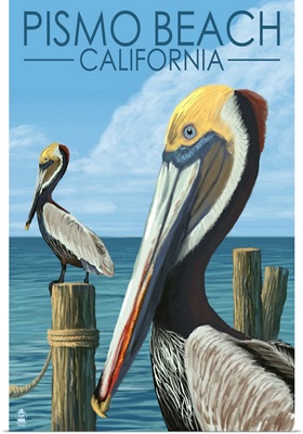 Pismo Beach, California - Pelicans: Retro Travel Poster