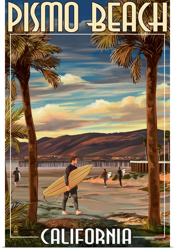 Retro stylized art poster of a surfer holding a surfboard on a beach at sunset. With tall palm trees in the foreground.