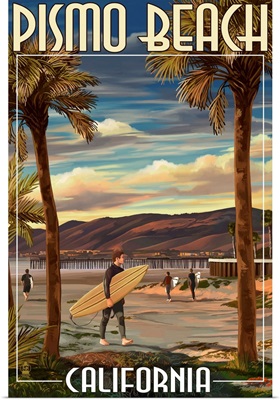 Pismo Beach, California - Surfer and Pier: Retro Travel Poster
