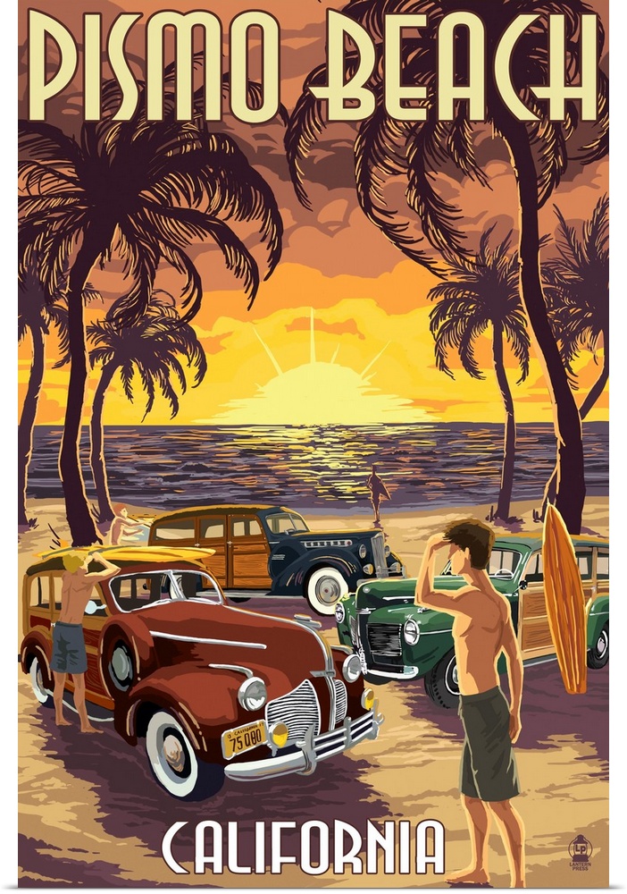 Retro stylized art poster of surfers on a beach with their vintage cars and surfboards, at sunset.