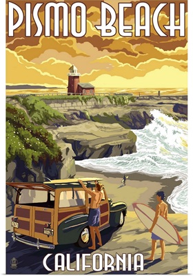 Pismo Beach, California - Woody and Lighthouse: Retro Travel Poster