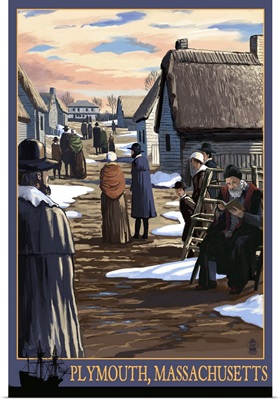 Plymouth, Massachusetts - Pilgrims going to Church: Retro Travel Poster