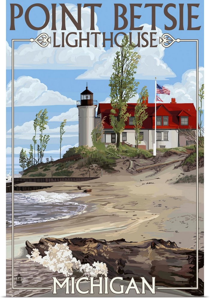 Retro stylized art poster of a lighthouse on a sandy coastline. With a large piece of driftwood in the foreground.