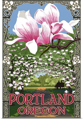 Portland, Oregon - Garden and Magnolia Scene: Retro Travel Poster