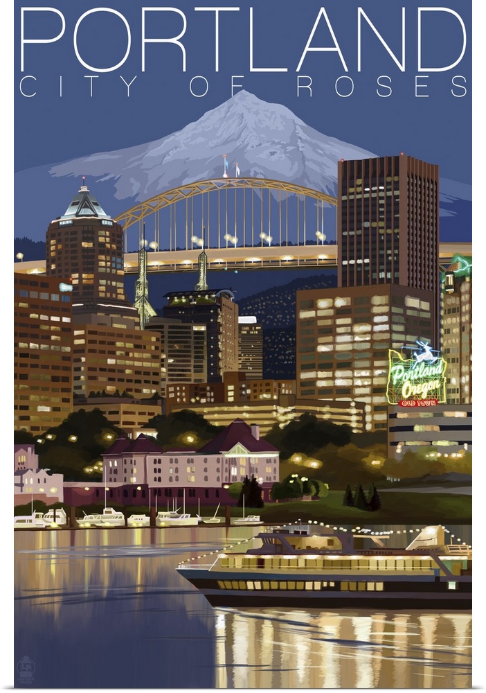 Retro stylized art poster of a city skyline lit up at night. With a mountain in the background.