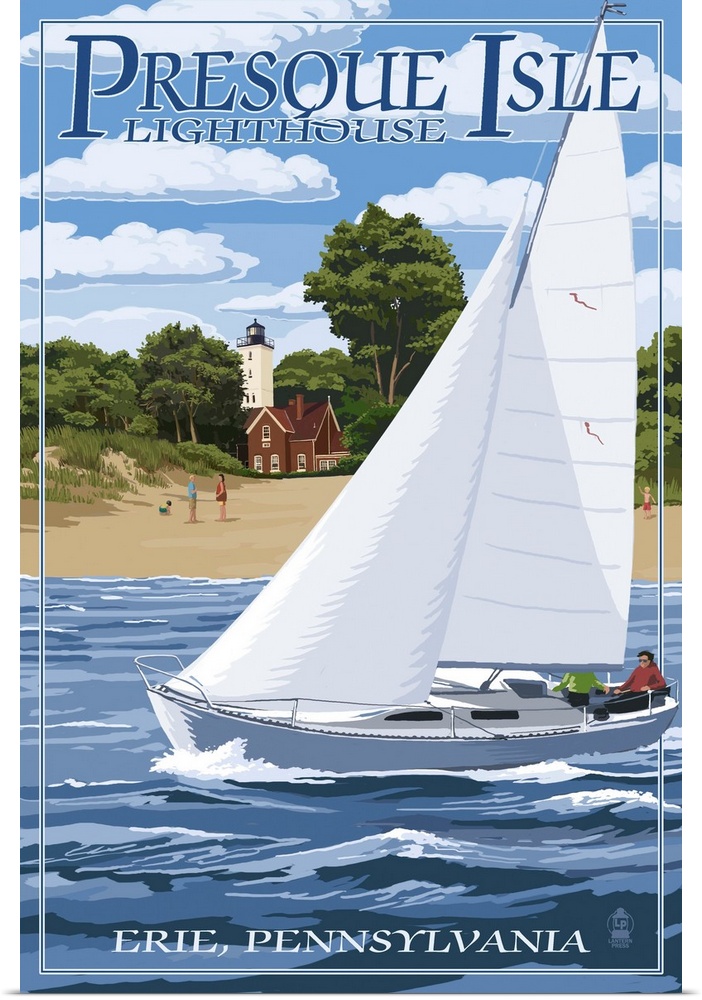 Retro stylized art poster of a sailboat near the shore, with a lighthouse in the background.