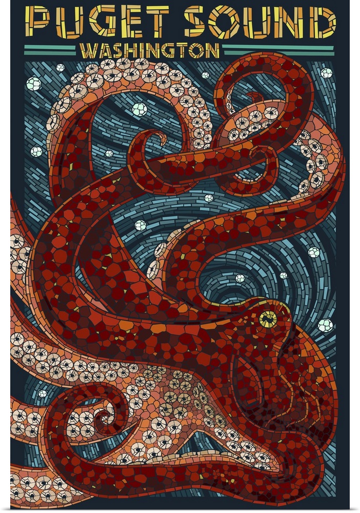 Puget Sound, Washington - Octopus Mosaic: Retro Travel Poster