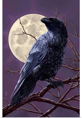 Raven and Moon Purple Sky: Retro Poster Art