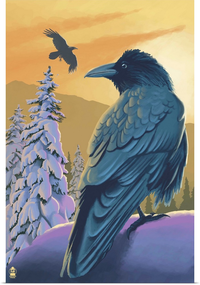 Retro stylized art poster of a perched raven in the foreground and a flying raven in the background.