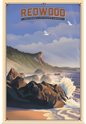 Redwood National Park, Beach: Retro Travel Poster