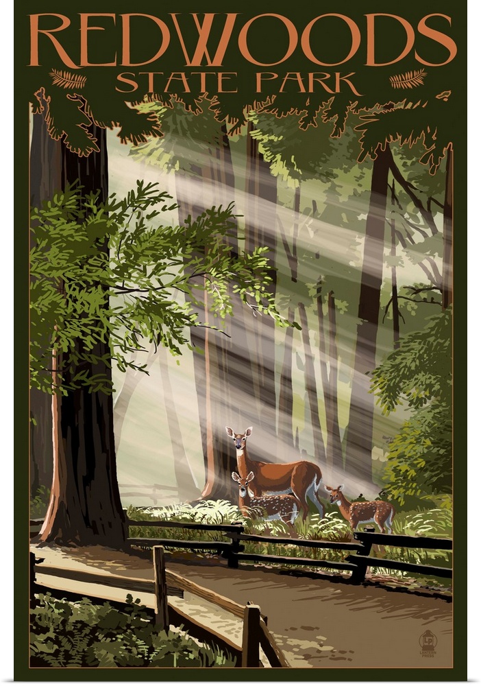 Retro stylized art poster of a family of deer in sunlit forest.