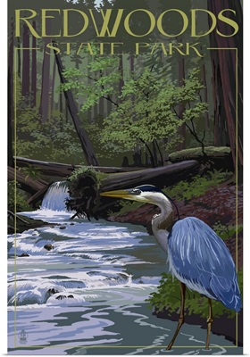 Redwoods State Park - Heron and Waterfall: Retro Travel Poster