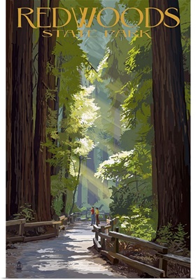 Redwoods State Park - Pathway in Trees: Retro Travel Poster