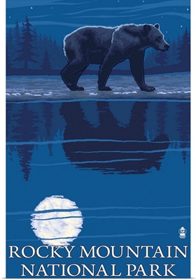 Rocky Mountain National Park, CO - Bear at Night: Retro Travel Poster