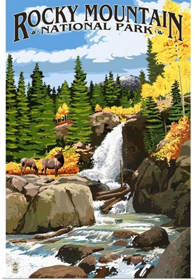 Rocky Mountain National Park, Colorado, Elk and Waterfall