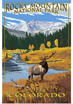 Rocky Mountain National Park, Moose In Field: Retro Travel Poster