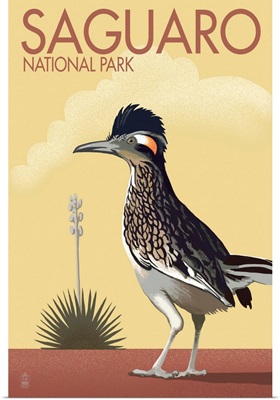 Saguaro National Park, Greater Roadrunner: Retro Travel Poster