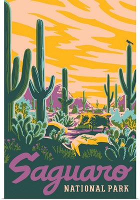 Saguaro National Park, Jewel Toned Landscape: Graphic Travel Poster