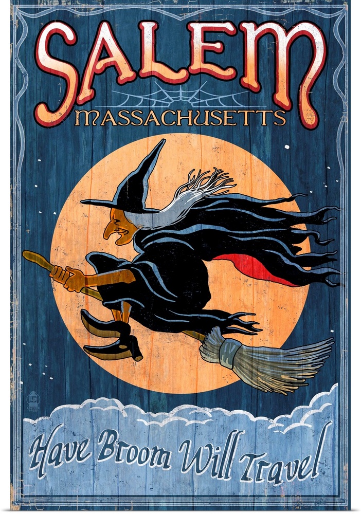 Retro stylized art poster of a vintage sign with a profile of a witch flying in front of a moon.