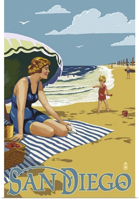 San Diego, California - Beach Scene: Retro Travel Poster