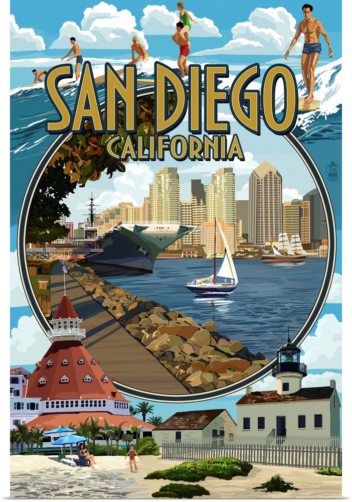 Retro stylized art poster of a montage of scene from a coastal town.