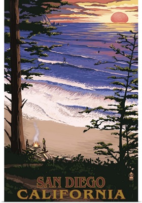 San Diego, California - Ocean and Sunset: Retro Travel Poster