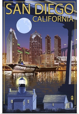 San Diego, California - Skyline at Night: Retro Travel Poster