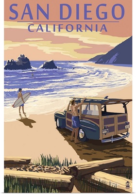 San Diego, California - Woody on Beach: Retro Travel Poster