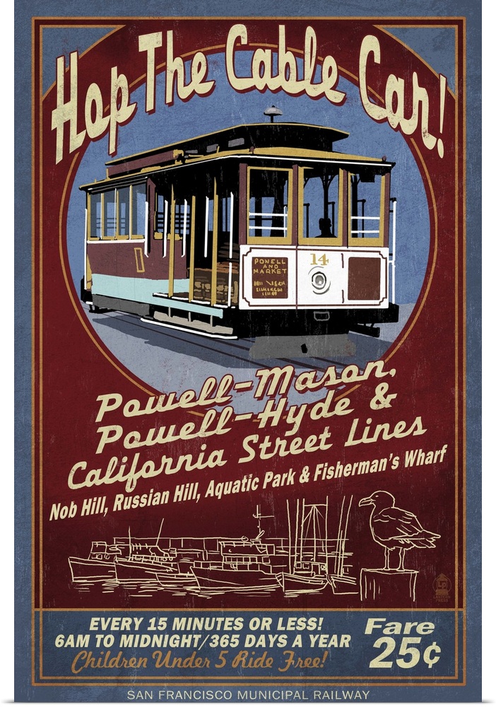 San Francisco, California - Cable Car Vintage Sign: Retro Travel Poster